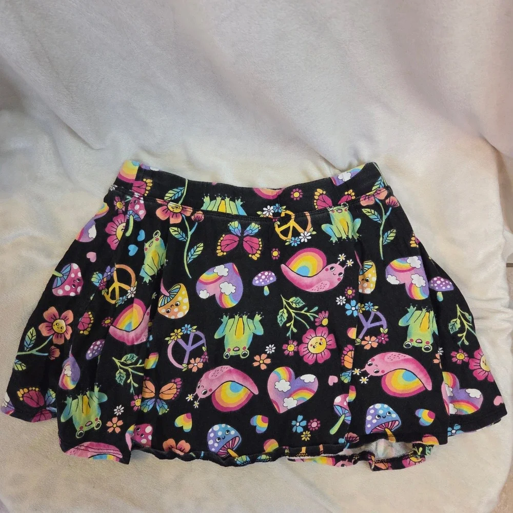 The Childrens Place Girls Skater Skirt Black Frog Mushroom Rainbow Print XXL 16